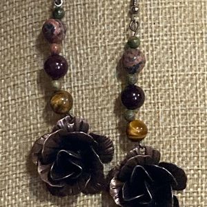 Natural stone beads with metal rose pierced earrings